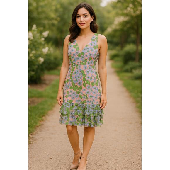 Vonee Dresses & Skirts - Vonee Women’s Pink Floral Embroidered Mesh Dress Ruffle Hem Size 10 US / 40 EU